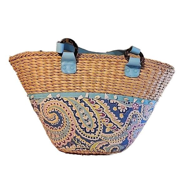 Vera Bradley XLARGE Capri Blue Woven Straw Beach Tote Bag W Sea Shells - Picture 2 of 8